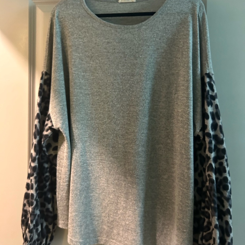 Gray Top with Leopard Print Sleeves